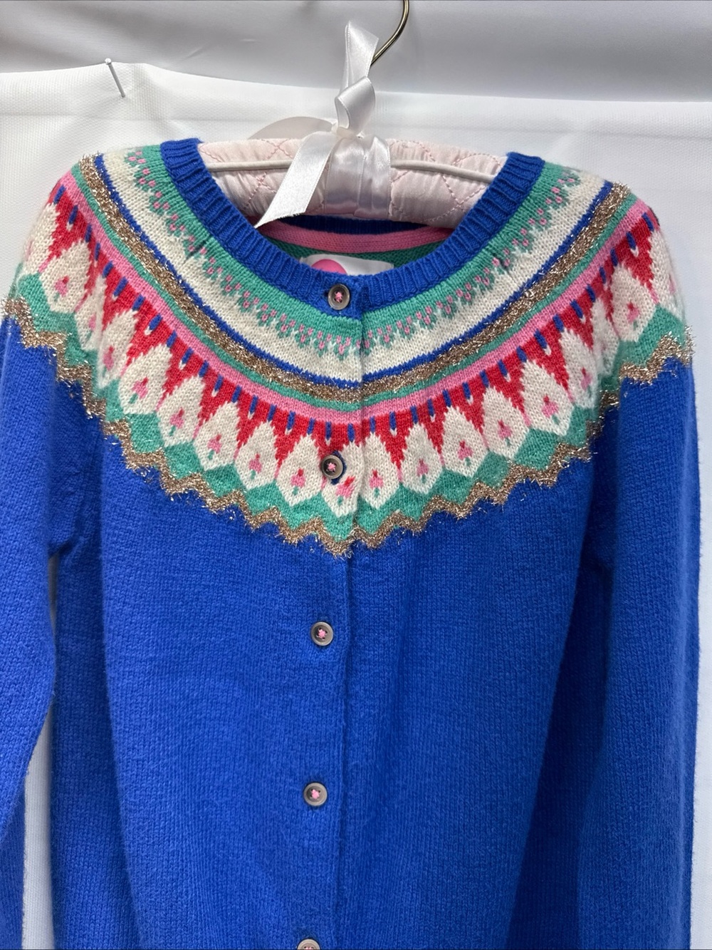 Mini Boden Girls' Fair Isle Sweater Cardigan Sz 8-9y Cobalt Blue Nordic Classic - Picture 2 of 9